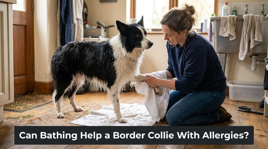 Border Collie having pollen removed from paws and coat after an allergy-friendly bath.