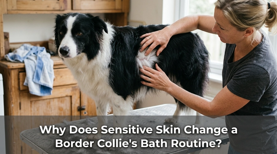 A Border Collie's double coat makes gentle sensitive-skin bathing especially important.