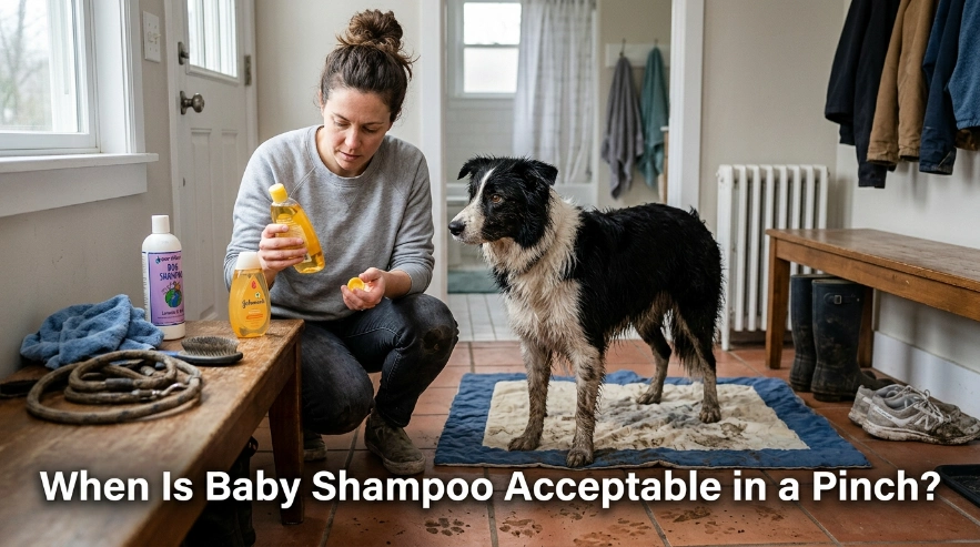 Muddy healthy Border Collie with baby shampoo ready for an emergency bath.