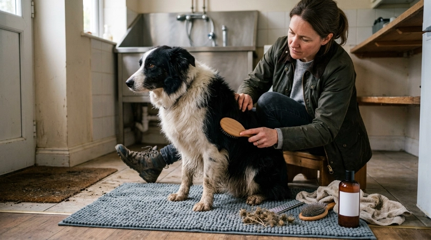 Owner brushing a muddy Border Collie before bathing to remove loose coat and debris
