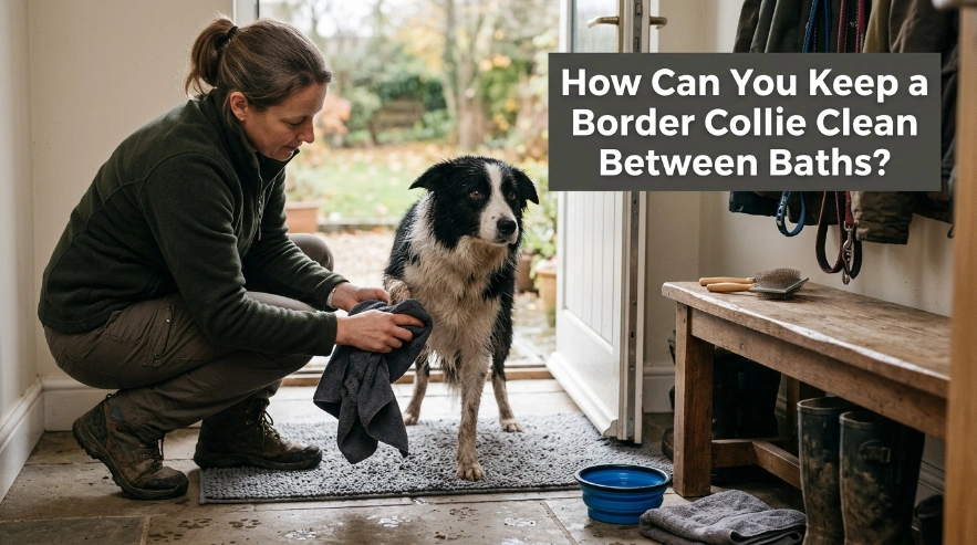 Owner spot-cleaning muddy Border Collie paws with a towel instead of giving a full bath