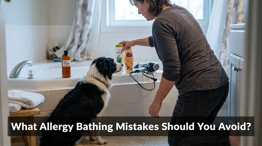 Owner removing unsuitable bathing products before washing an allergy-prone Border Collie.