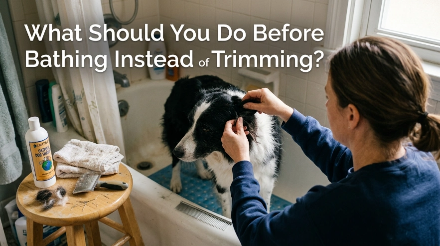 Border Collie receiving a full pre-bath brush and coat inspection at home