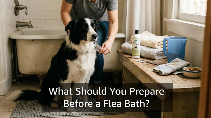 Owner checks a Border Collie's double coat for fleas before bathing