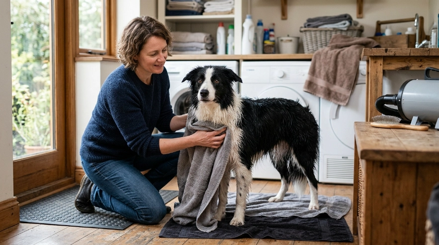 Border Collie towel drying after a morning bath with natural window light