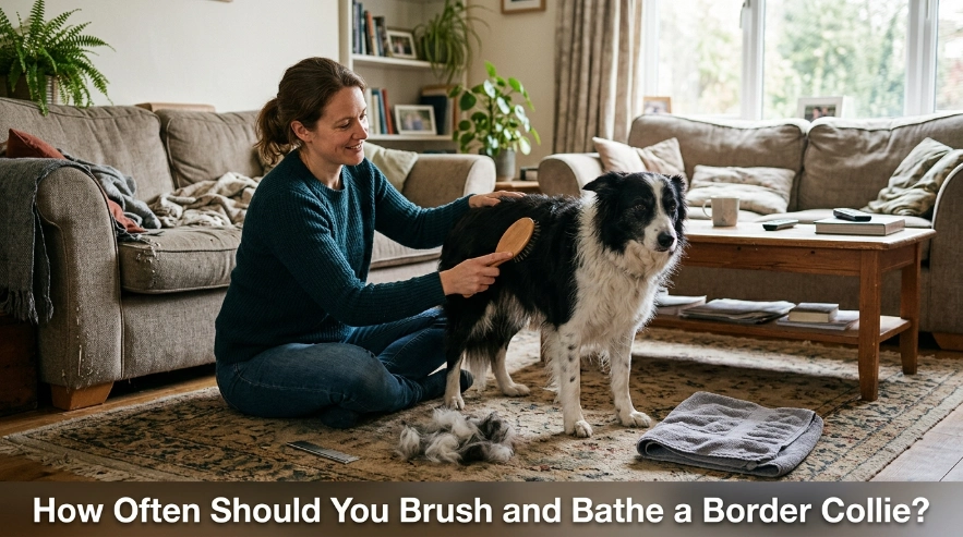Owner brushing a shedding Border Collie at home between baths.