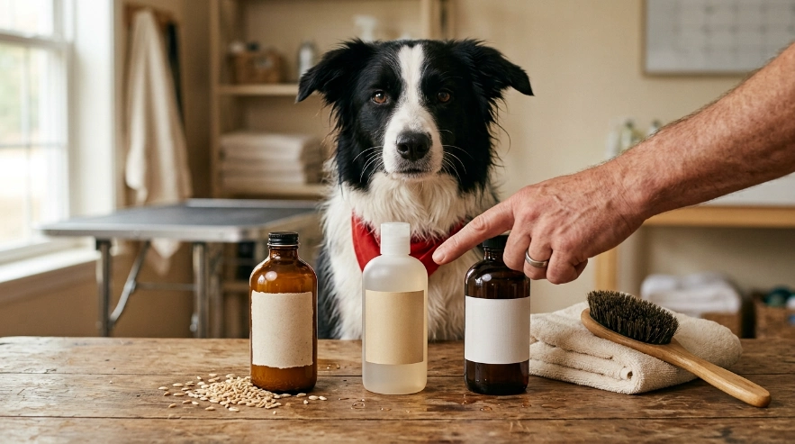 Border Collie with oatmeal, hypoallergenic, and medicated dog shampoos for comparison