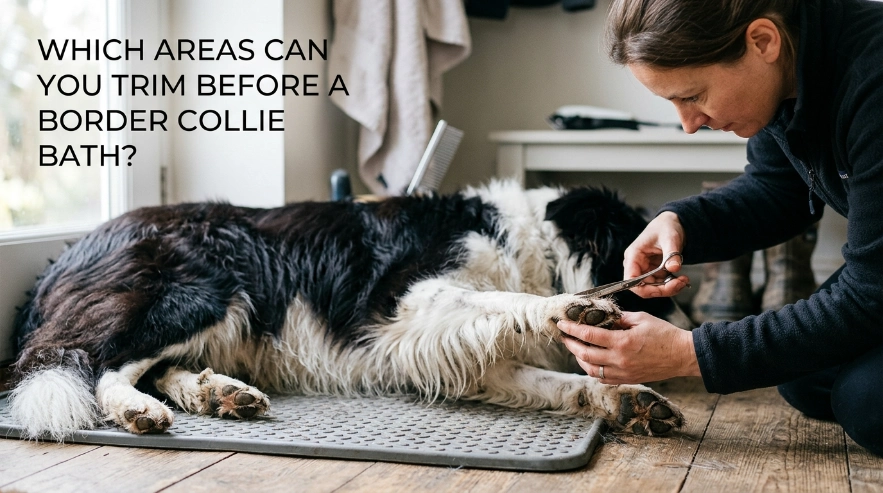 Careful paw-pad hair trimming on a Border Collie before bathing