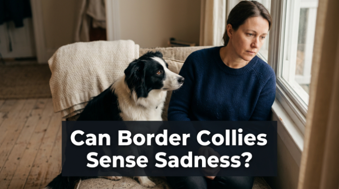 Border Collie watching a sad owner closely in a calm home setting