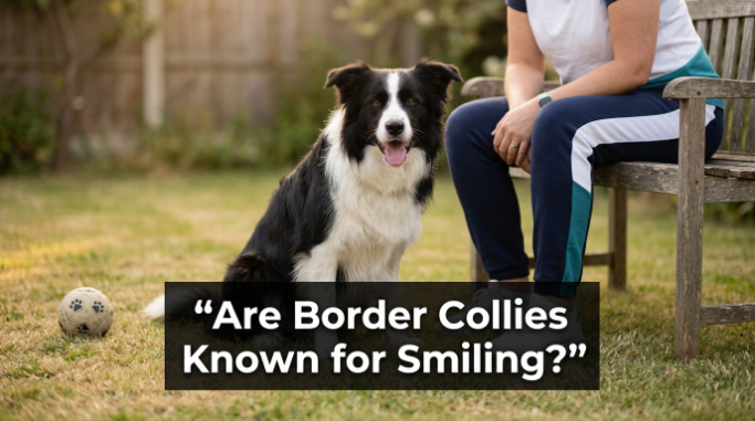 Happy Border Collie showing a relaxed smile-like expression beside its owner