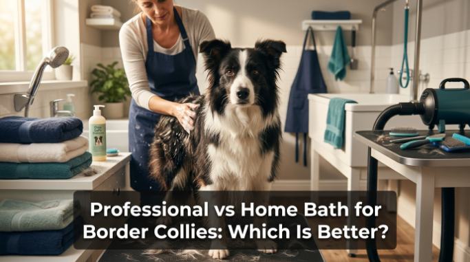 Border Collie pictured between professional grooming and home bathing setups