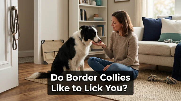Relaxed Border Collie licking its owner’s hand during a calm interaction