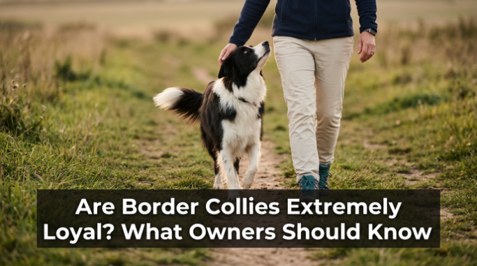 Loyal Border Collie walking beside its owner and making focused eye contact outdoors.