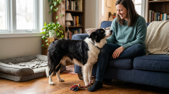 Border Collie leaning against its owner while holding a toy and showing relaxed affection