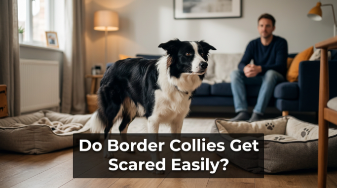 Alert Border Collie showing cautious body language after hearing an unfamiliar household sound