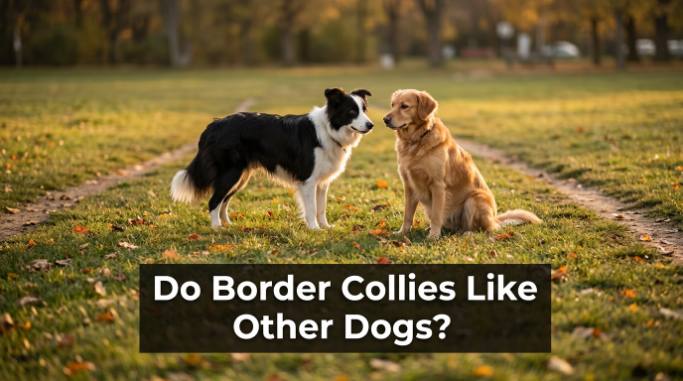 Border Collie calmly meeting another dog in a park with relaxed social body language