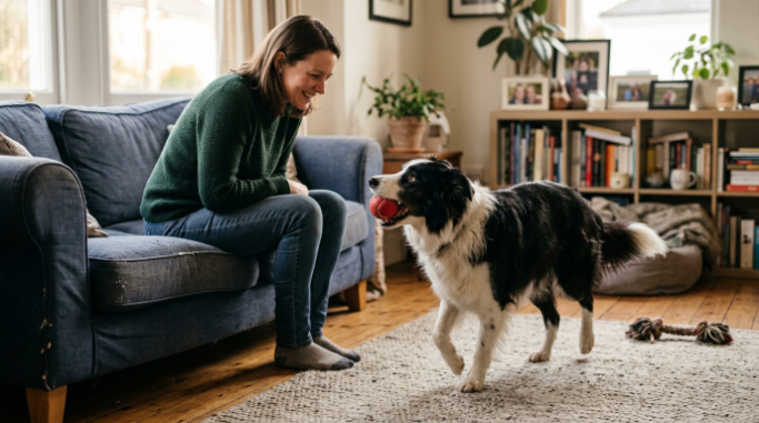 Border Collie bringing a toy to its owner while showing relaxed affectionate body language