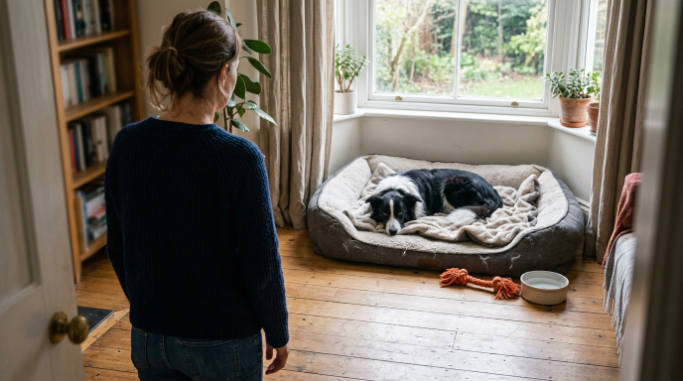 Owner noticing a Border Collie's unusual withdrawal and change in normal affectionate behavior