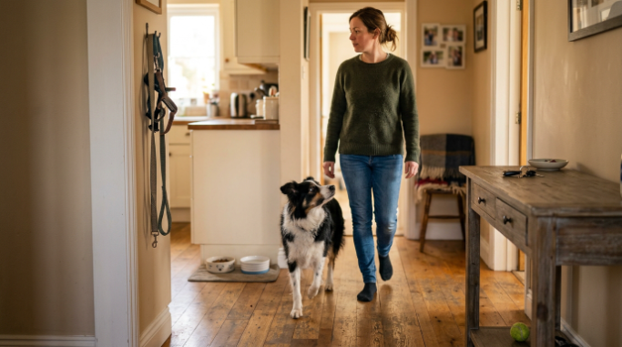 Border Collie following an owner through the home, showing attentive handler-focused clingy behavior.