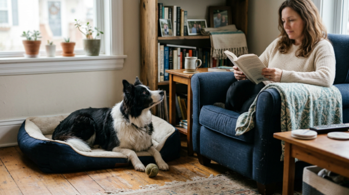 Loyal Border Collie resting near its owner with a tennis ball in a lived-in home.