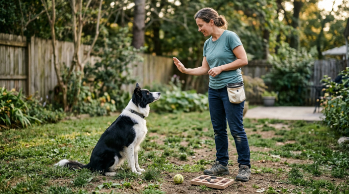 Border Collie practicing focused training with its owner during a short outdoor session.