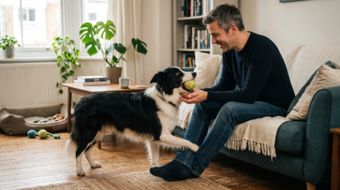 Border Collie brings a toy and makes eye contact with its owner as signs of affection.
