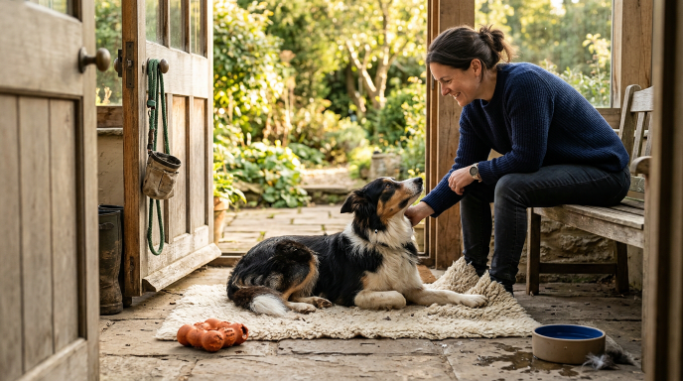 Border Collie settles beside owner after training, showing calm companionship supported by a balanced routine.