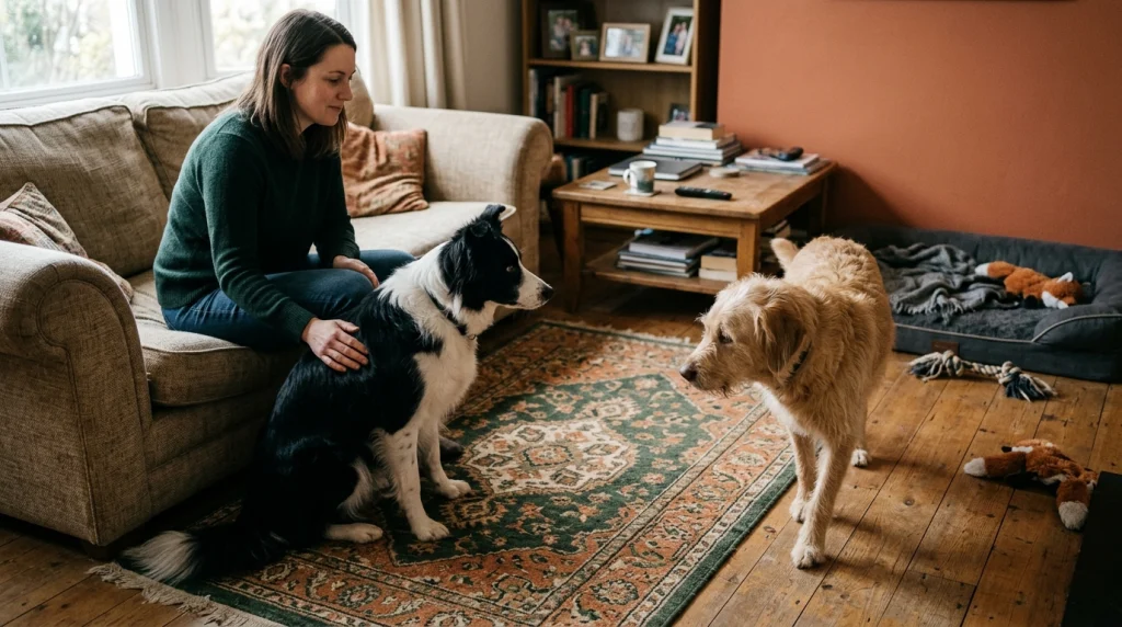 Border Collie monitoring owner and another dog for jealousy or resource guarding signs