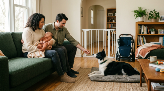 Border Collie relaxing on mat near couple and baby during supervised family time