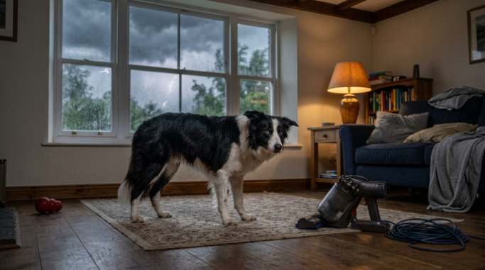 Cautious Border Collie near a vacuum during a thunderstorm, illustrating common fear triggers