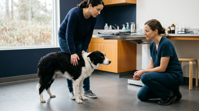 Worried Border Collie with owner during a calm veterinary behavior consultation