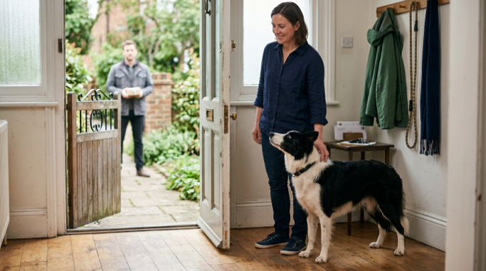 Will a Border Collie protect you? Alert dog checks its owner while watching an unfamiliar visitor.