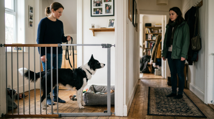 Will a Border Collie protect you? Alert dog checks its owner while watching an unfamiliar visitor.