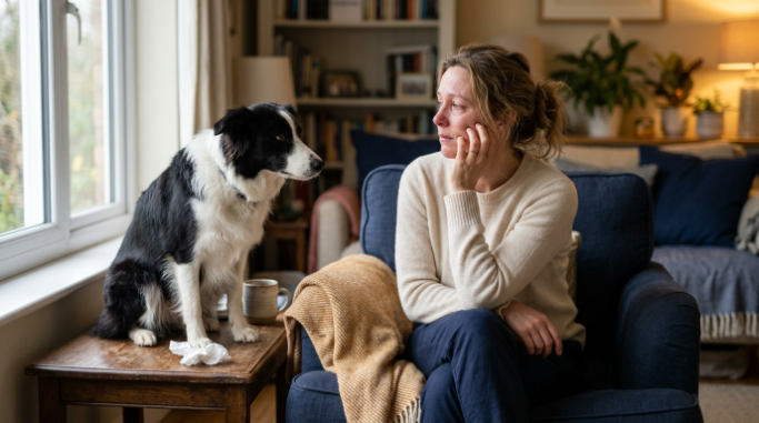 Border Collie observing a sad owner's face, posture, and behavior cues