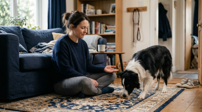 Owner calmly offering a Border Collie choice, routine, and a simple sniffing activity