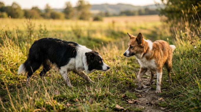Border Collie crouching and staring while another dog reacts to its herding behavior