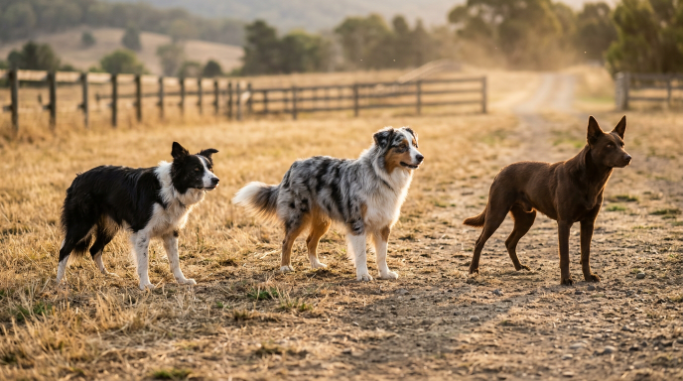 Border Collie, Australian Shepherd and Kelpie together in an outdoor working-dog field