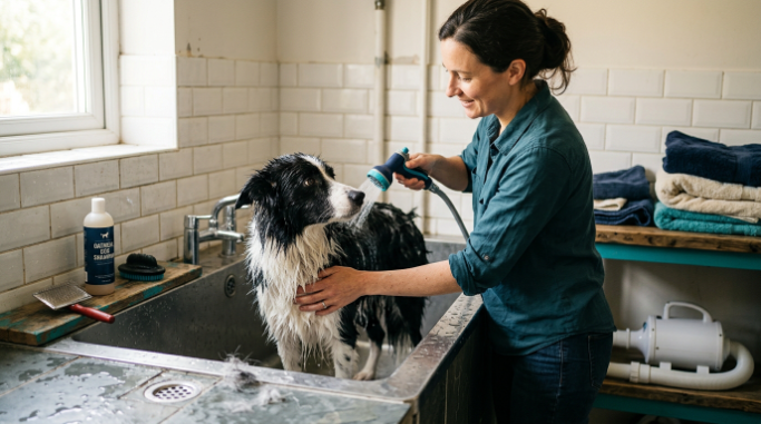 Owner rinsing a Border Collie’s dense double coat during a home bath