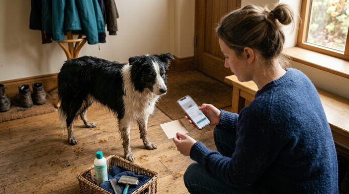 Owner assessing whether a Border Collie needs home bathing or professional grooming