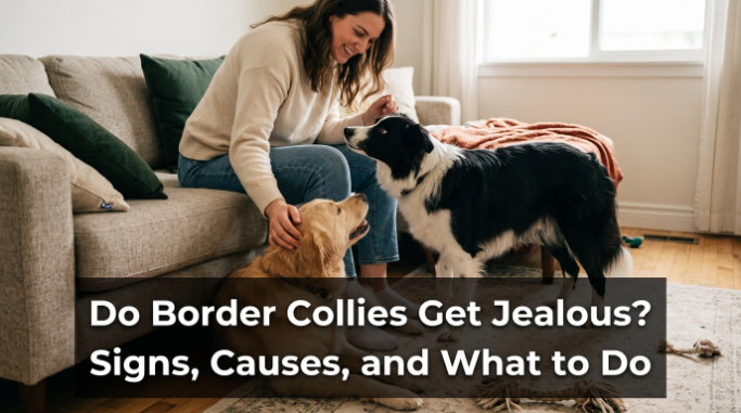 Border Collie showing jealousy-like behavior as owner pets another dog at home