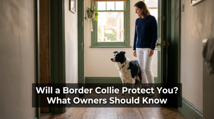 Will a Border Collie protect you? Alert Border Collie standing calmly beside its owner.