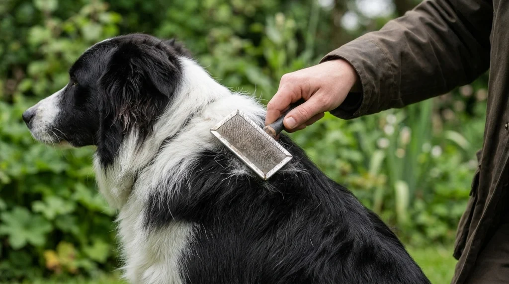 Close up of grooming a Border Collie outdoor in natural daylight.