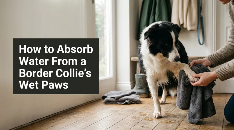 Border Collie having its wet paws gently dried with an absorbent microfiber towel at home.