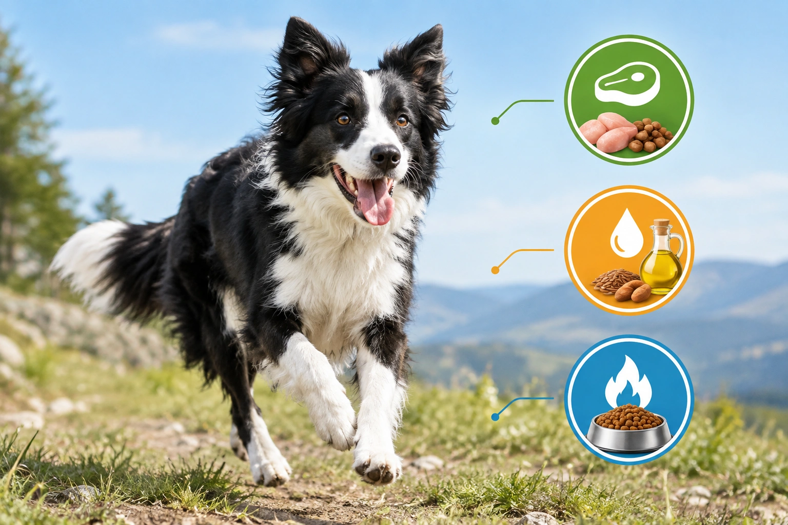 Active Border Collie running with a food bowl and calorie icons