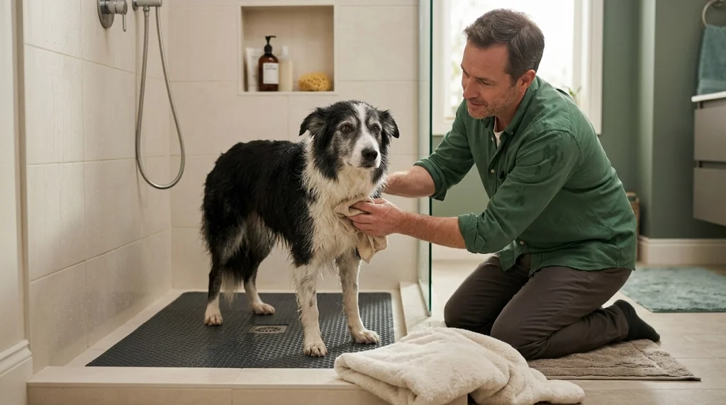 Senior Border Collie receiving gentle cleaning in a step-free shower with non-slip footing and owner support.