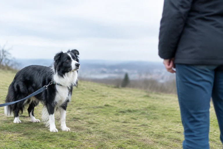 Adult dog calmly observing a new person at a safe distance during socialization training