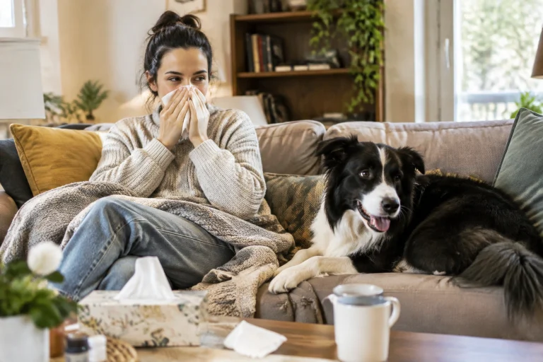 Adult reacting to a Border Collie indoors with allergy symptoms