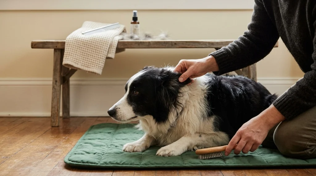 A person gently checks for tangles behind a Border Collie’s ear before brushing.