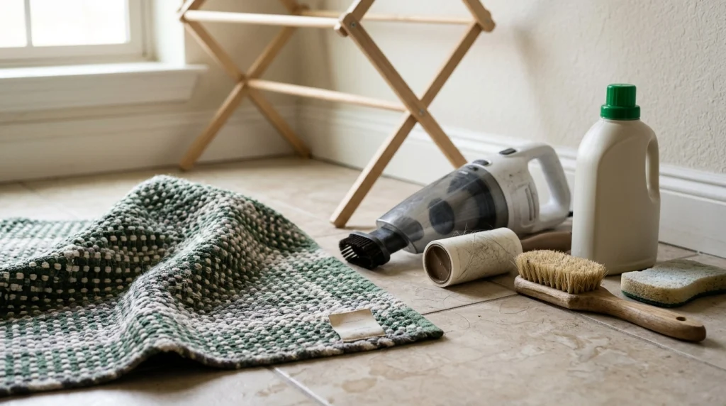 Bath mat, lint roller, soft brush, detergent, sponge, and drying rack prepared for cleaning.