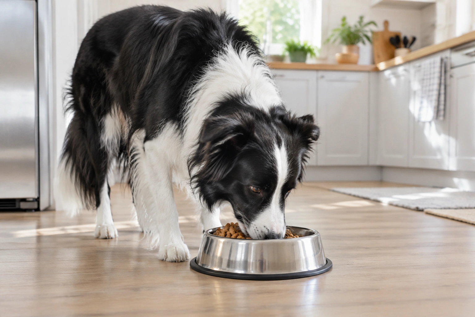 Border Collie eating from a clean bowl